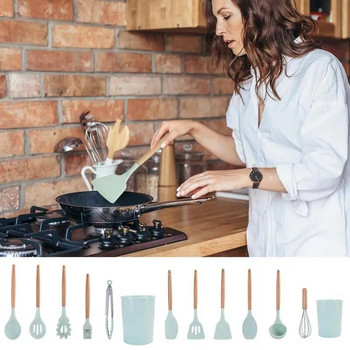 Силиконови кухненски съдове Комплект съдове за готвене незалепващи съдове шпатула лопата бъркалки за яйца дървена дръжка кухненски инструменти за готвене