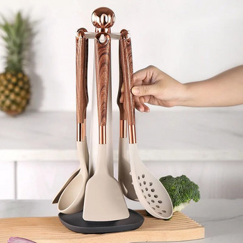 Силиконов кухненски комплект инструменти за готвене с дълга дървена дръжка Незалепваща шпатула за пържене гевгир лопата лъжица за супа Кухненски прибори