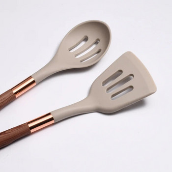 Силиконов кухненски комплект инструменти за готвене с дълга дървена дръжка Незалепваща шпатула за пържене гевгир лопата лъжица за супа Кухненски прибори