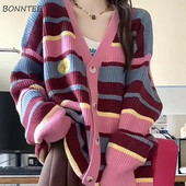 Rozā svītrainām jakas sievietēm, brīvi, saldi preppy stila modes jauneklīgi vitalitāte Y2k — adīti High Street garām piedurknēm