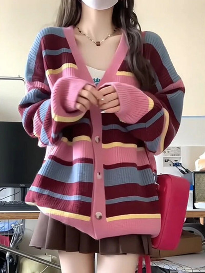 Rozā svītrainām jakas sievietēm, brīvi, saldi preppy stila modes jauneklīgi vitalitāte Y2k — adīti High Street garām piedurknēm