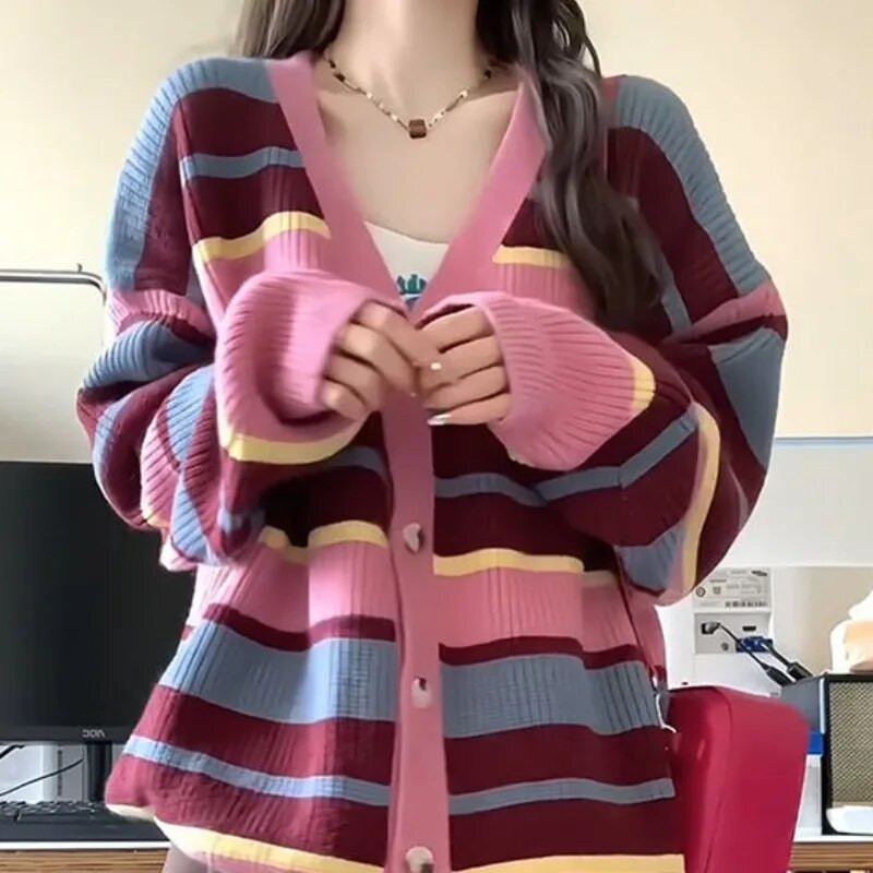 Rozā svītrainām jakas sievietēm, brīvi, saldi preppy stila modes jauneklīgi vitalitāte Y2k — adīti High Street garām piedurknēm