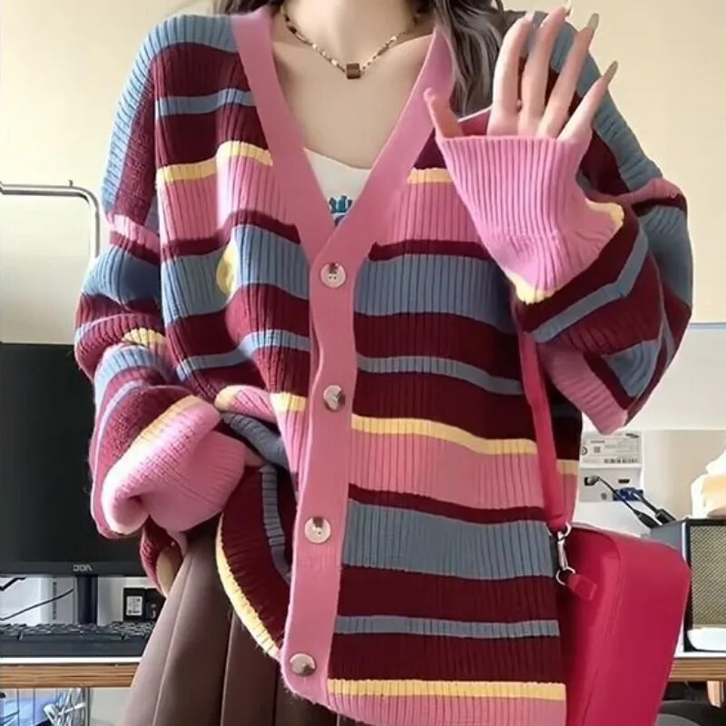 Rozā svītrainām jakas sievietēm, brīvi, saldi preppy stila modes jauneklīgi vitalitāte Y2k — adīti High Street garām piedurknēm