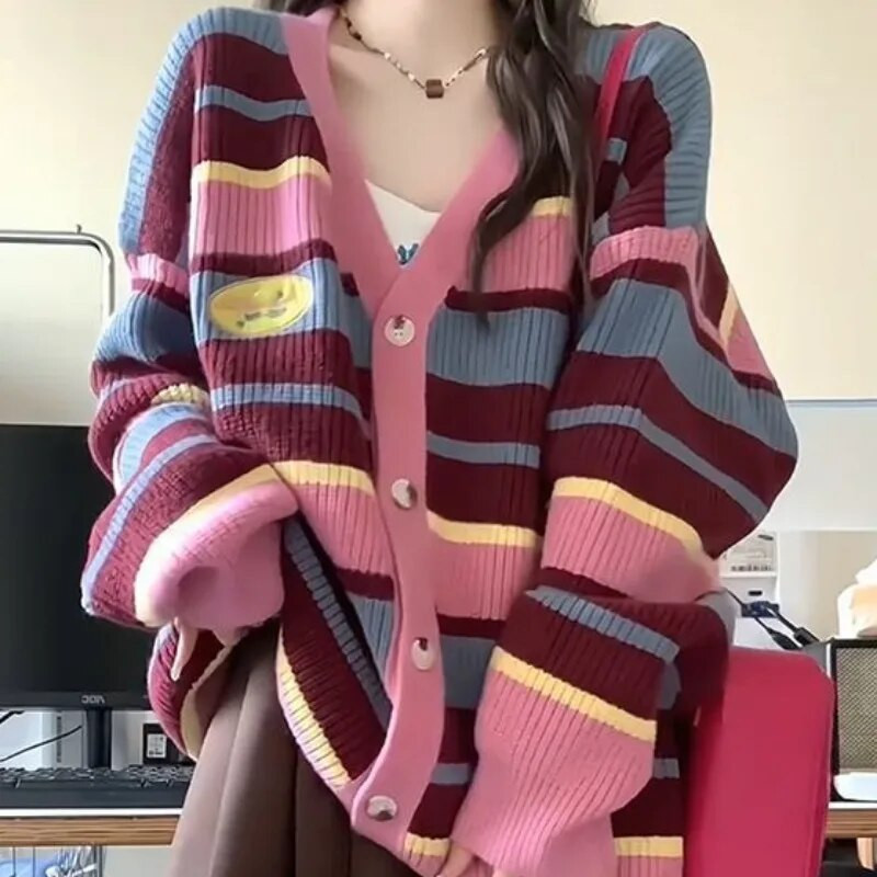 Rozā svītrainām jakas sievietēm, brīvi, saldi preppy stila modes jauneklīgi vitalitāte Y2k — adīti High Street garām piedurknēm