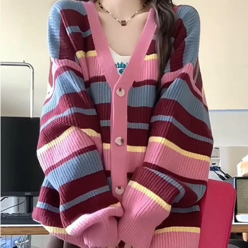 Rozā svītrainām jakas sievietēm, brīvi, saldi preppy stila modes jauneklīgi vitalitāte Y2k — adīti High Street garām piedurknēm