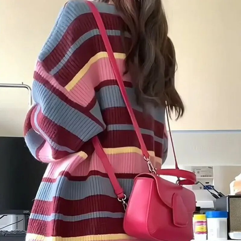 Rozā svītrainām jakas sievietēm, brīvi, saldi preppy stila modes jauneklīgi vitalitāte Y2k — adīti High Street garām piedurknēm