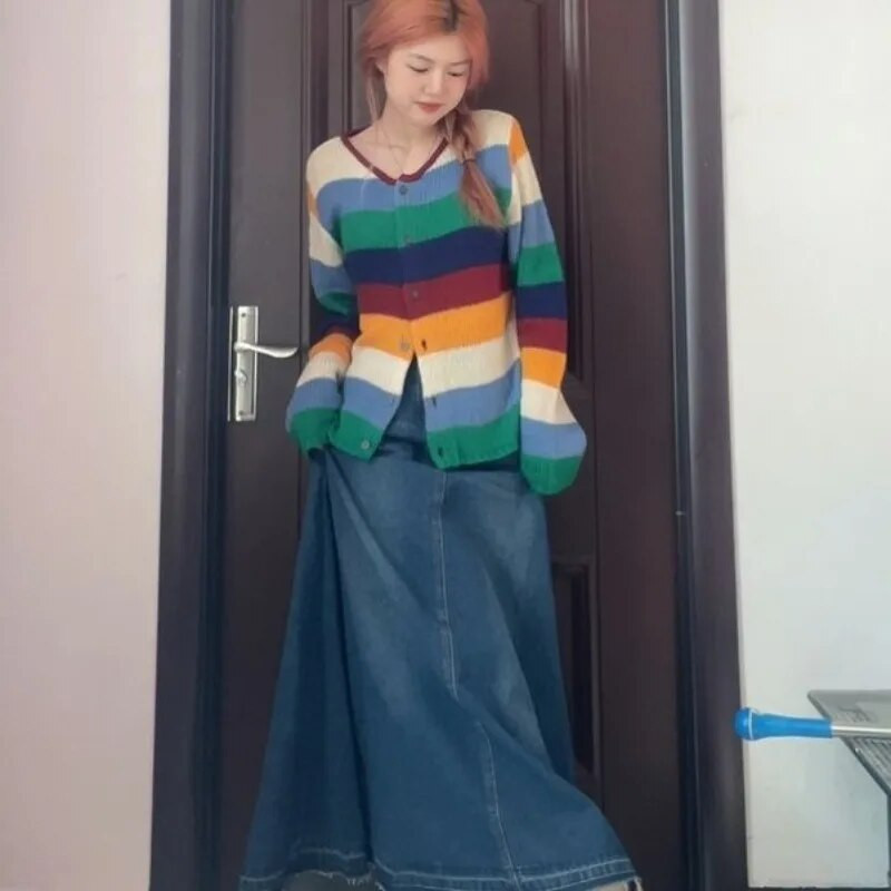 Ζακέτες Γυναικείες Ανοιξιάτικες Vintage Ριγέ Αντίθεση Χρώμα Φοιτητικά Μακρυμάνικα Πλεκτά Πουλόβερ Φαρδύ Σπίτι με λαιμόκοψη O-λαιμόκοψη κομψή