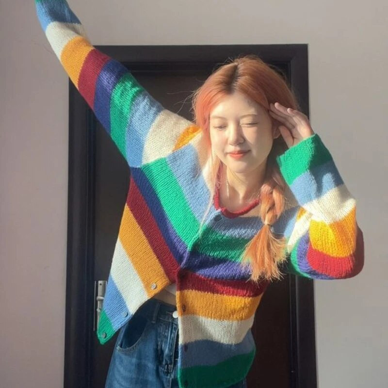 Ζακέτες Γυναικείες Ανοιξιάτικες Vintage Ριγέ Αντίθεση Χρώμα Φοιτητικά Μακρυμάνικα Πλεκτά Πουλόβερ Φαρδύ Σπίτι με λαιμόκοψη O-λαιμόκοψη κομψή