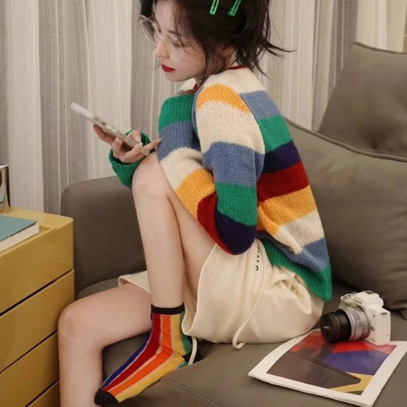 Ζακέτες Γυναικείες Ανοιξιάτικες Vintage Ριγέ Αντίθεση Χρώμα Φοιτητικά Μακρυμάνικα Πλεκτά Πουλόβερ Φαρδύ Σπίτι με λαιμόκοψη O-λαιμόκοψη κομψή