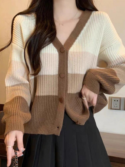 Sieviešu jaciņa adīšana korejiešu stilā, saldi svītraina mode minimālisma brīvā laika pavadīšana, stilīga, silti studenti, maigi, eleganti, V-veida kakla izgriezumi, mājīgi