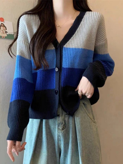 Sieviešu jaciņa adīšana korejiešu stilā, saldi svītraina mode minimālisma brīvā laika pavadīšana, stilīga, silti studenti, maigi, eleganti, V-veida kakla izgriezumi, mājīgi