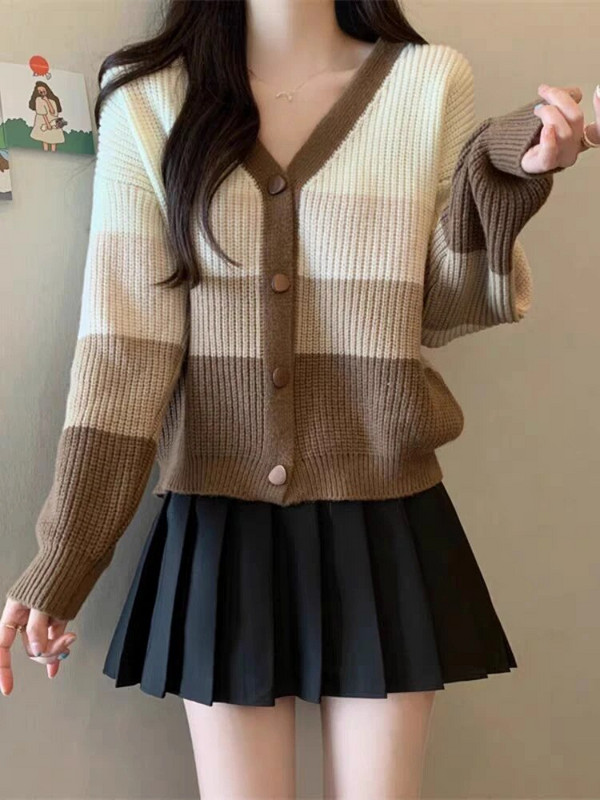 Sieviešu jaciņa adīšana korejiešu stilā, saldi svītraina mode minimālisma brīvā laika pavadīšana, stilīga, silti studenti, maigi, eleganti, V-veida kakla izgriezumi, mājīgi