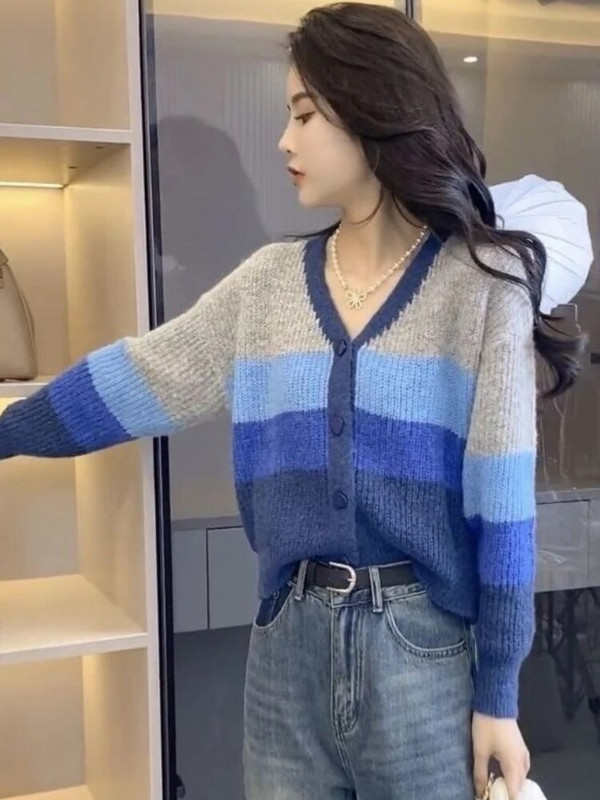 Sieviešu jaciņa adīšana korejiešu stilā, saldi svītraina mode minimālisma brīvā laika pavadīšana, stilīga, silti studenti, maigi, eleganti, V-veida kakla izgriezumi, mājīgi