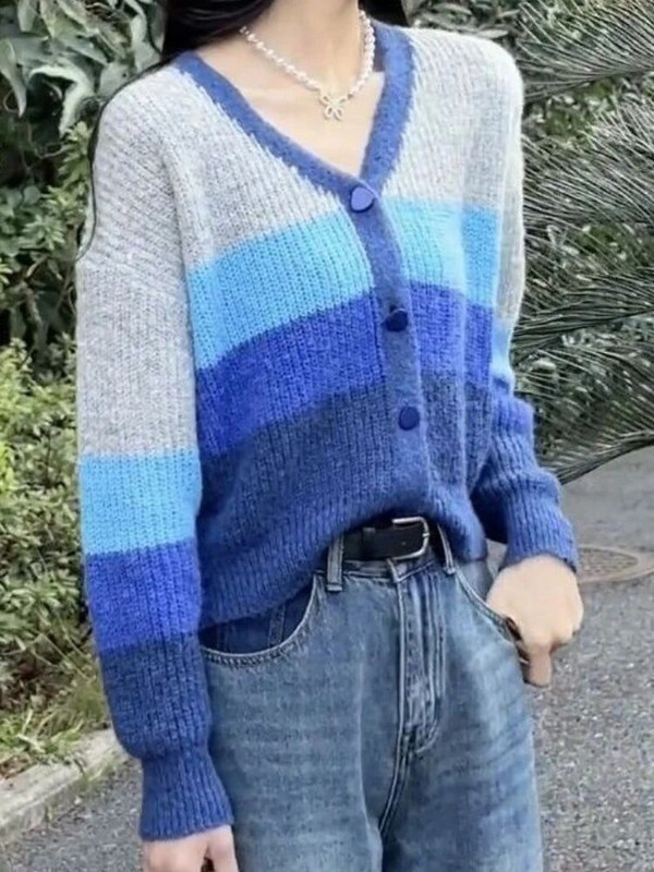 Sieviešu jaciņa adīšana korejiešu stilā, saldi svītraina mode minimālisma brīvā laika pavadīšana, stilīga, silti studenti, maigi, eleganti, V-veida kakla izgriezumi, mājīgi