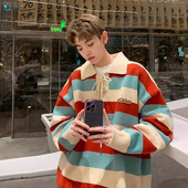 Svītrains vīriešu džemperis rudens un ziemas Y2K amerikāņu retro lielizmēra zīmola koledžas stila kontrasts varavīksnes polo atloks trikotāžas tops