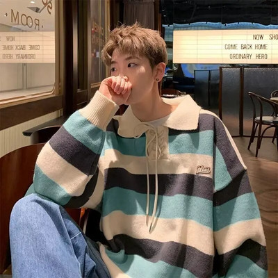 Svītrains vīriešu džemperis rudens un ziemas Y2K amerikāņu retro lielizmēra zīmola koledžas stila kontrasts varavīksnes polo atloks trikotāžas tops