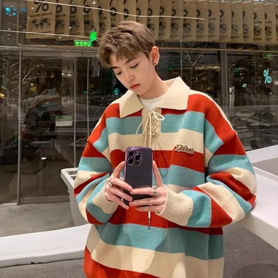 Svītrains vīriešu džemperis rudens un ziemas Y2K amerikāņu retro lielizmēra zīmola koledžas stila kontrasts varavīksnes polo atloks trikotāžas tops