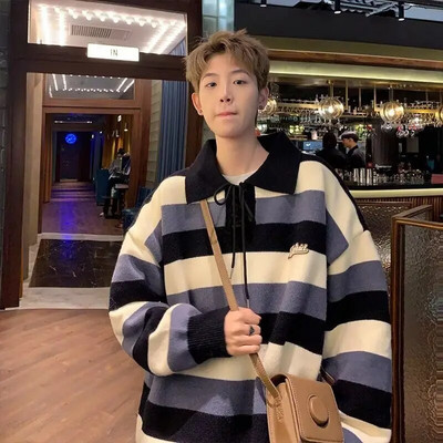Svītrains vīriešu džemperis rudens un ziemas Y2K amerikāņu retro lielizmēra zīmola koledžas stila kontrasts varavīksnes polo atloks trikotāžas tops
