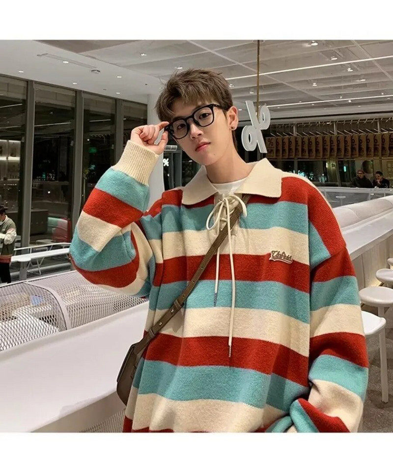 Svītrains vīriešu džemperis rudens un ziemas Y2K amerikāņu retro lielizmēra zīmola koledžas stila kontrasts varavīksnes polo atloks trikotāžas tops