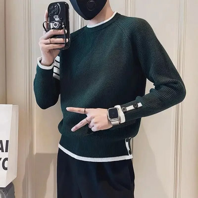 Vīriešu apģērbi bez kapuces Trikotāžas džemperi vīriešiem Zaļi svītraini džemperi Ikdienas kokvilnas bieza ziema 2023 Trend X Džemperi A Fun