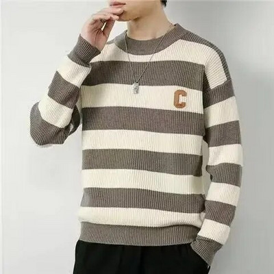 Vīriešu apģērbi bez kapuces Trikotāžas džemperi vīriešiem Zaļi svītraini džemperi Ikdienas kokvilnas bieza ziema 2023 Trend X Džemperi A Fun