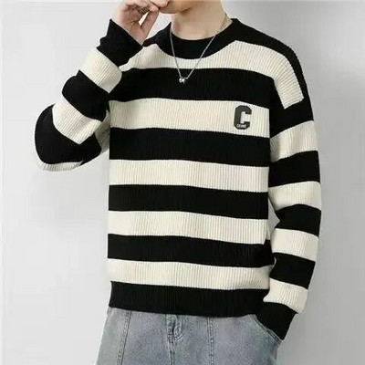 Vīriešu apģērbi bez kapuces Trikotāžas džemperi vīriešiem Zaļi svītraini džemperi Ikdienas kokvilnas bieza ziema 2023 Trend X Džemperi A Fun