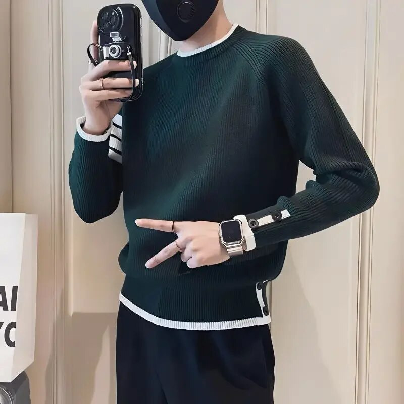 Vīriešu apģērbi bez kapuces Trikotāžas džemperi vīriešiem Zaļi svītraini džemperi Ikdienas kokvilnas bieza ziema 2023 Trend X Džemperi A Fun