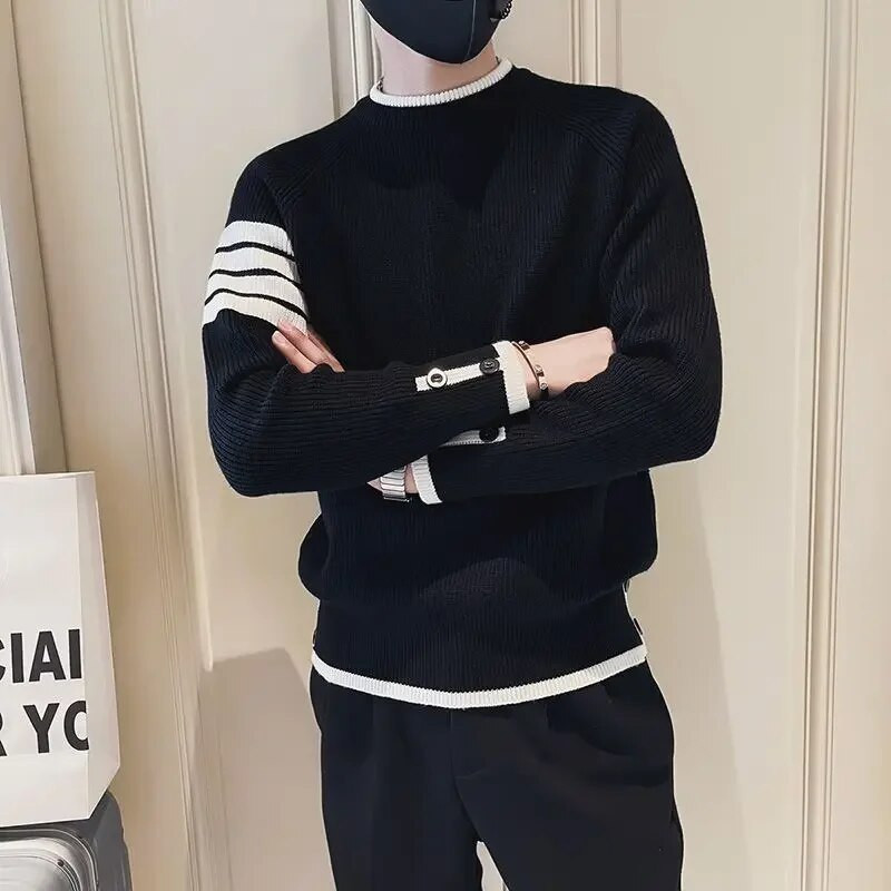 Vīriešu apģērbi bez kapuces Trikotāžas džemperi vīriešiem Zaļi svītraini džemperi Ikdienas kokvilnas bieza ziema 2023 Trend X Džemperi A Fun