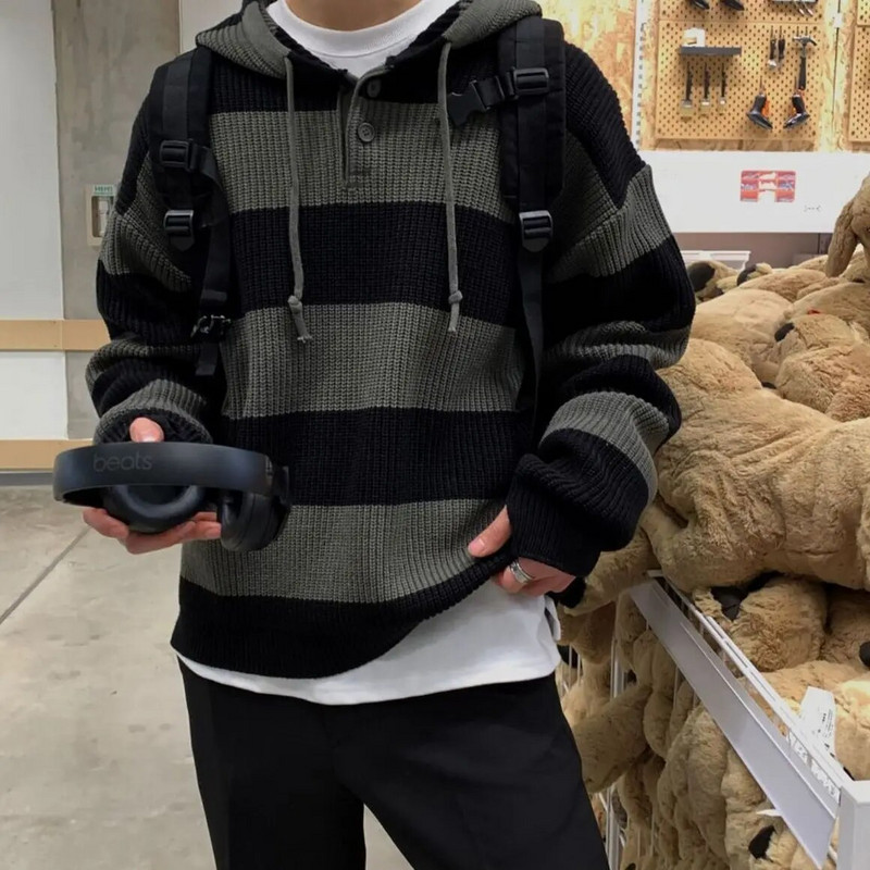 Vīriešu apģērbi Puloveri melni gari adīti džemperis Vīriešu svītraini kapuciņi pāri pieguļoši brīvi biezi ziemas pavasaris rudens apsildāmi vecs pasūtījums