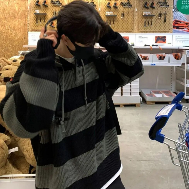 Vīriešu apģērbi Puloveri melni gari adīti džemperis Vīriešu svītraini kapuciņi pāri pieguļoši brīvi biezi ziemas pavasaris rudens apsildāmi vecs pasūtījums