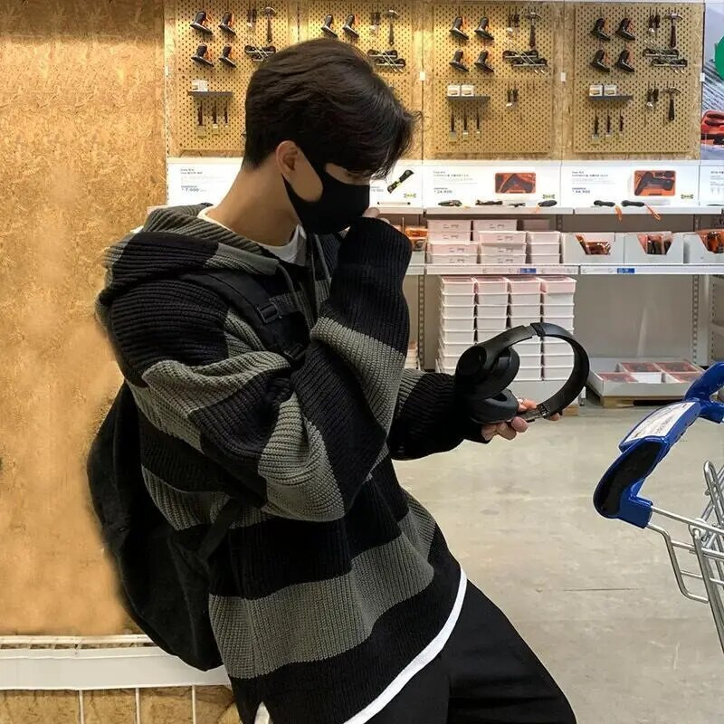 Vīriešu apģērbi Puloveri melni gari adīti džemperis Vīriešu svītraini kapuciņi pāri pieguļoši brīvi biezi ziemas pavasaris rudens apsildāmi vecs pasūtījums