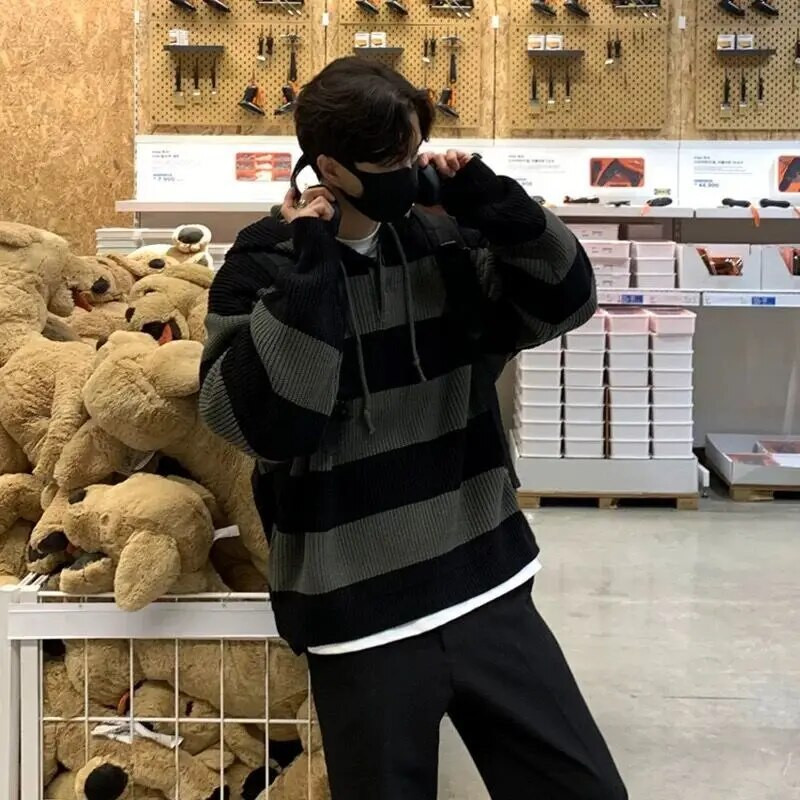 Vīriešu apģērbi Puloveri melni gari adīti džemperis Vīriešu svītraini kapuciņi pāri pieguļoši brīvi biezi ziemas pavasaris rudens apsildāmi vecs pasūtījums