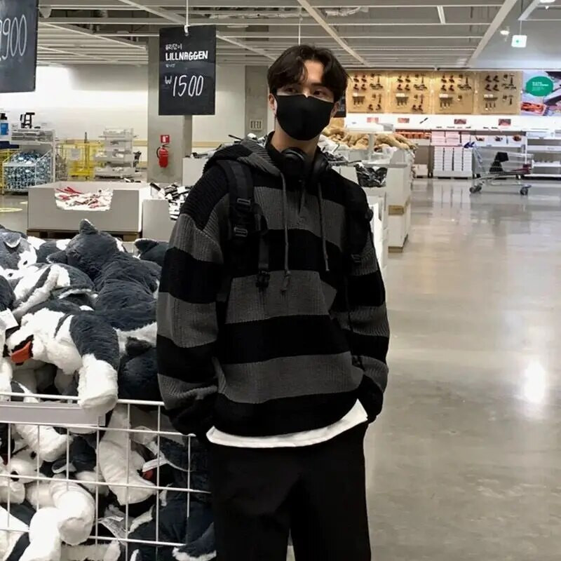 Vīriešu apģērbi Puloveri melni gari adīti džemperis Vīriešu svītraini kapuciņi pāri pieguļoši brīvi biezi ziemas pavasaris rudens apsildāmi vecs pasūtījums