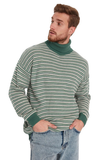 Мъжки голям пуловер с дълги ръкави на райета Trendyol
