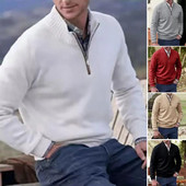 Κομψό πουλόβερ με ζιβάγκο, ανθεκτικό στο κρύο, ελαστικό ανδρικό, χειμερινό μονόχρωμο πλεκτό μπλουζάκι με ραβδώσεις