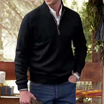 Κομψό πουλόβερ με ζιβάγκο, ανθεκτικό στο κρύο, ελαστικό ανδρικό, χειμερινό μονόχρωμο πλεκτό μπλουζάκι με ραβδώσεις