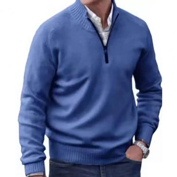 Κομψό πουλόβερ με ζιβάγκο, ανθεκτικό στο κρύο, ελαστικό ανδρικό, χειμερινό μονόχρωμο πλεκτό μπλουζάκι με ραβδώσεις