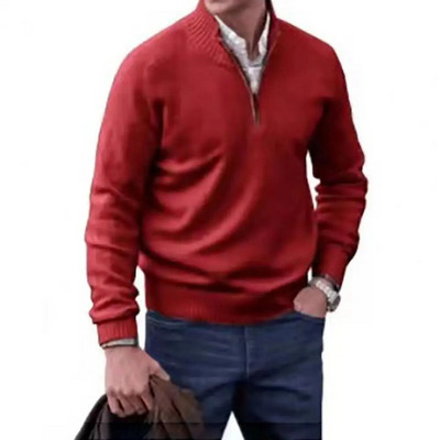 Κομψό πουλόβερ με ζιβάγκο, ανθεκτικό στο κρύο, ελαστικό ανδρικό, χειμερινό μονόχρωμο πλεκτό μπλουζάκι με ραβδώσεις