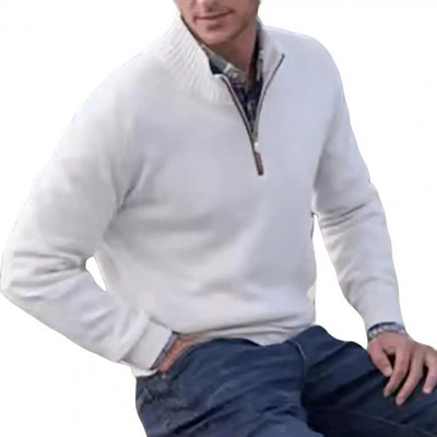 Κομψό πουλόβερ με ζιβάγκο, ανθεκτικό στο κρύο, ελαστικό ανδρικό, χειμερινό μονόχρωμο πλεκτό μπλουζάκι με ραβδώσεις