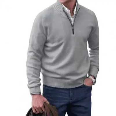 Κομψό πουλόβερ με ζιβάγκο, ανθεκτικό στο κρύο, ελαστικό ανδρικό, χειμερινό μονόχρωμο πλεκτό μπλουζάκι με ραβδώσεις