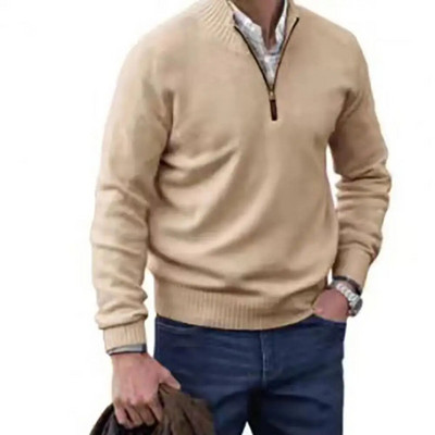 Κομψό πουλόβερ με ζιβάγκο, ανθεκτικό στο κρύο, ελαστικό ανδρικό, χειμερινό μονόχρωμο πλεκτό μπλουζάκι με ραβδώσεις