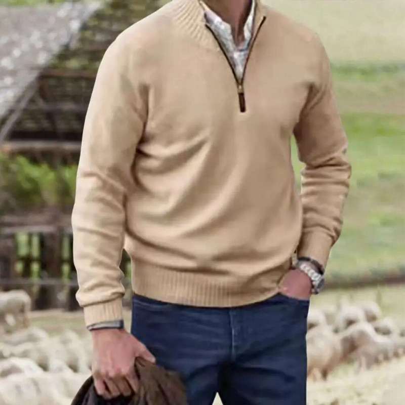Κομψό πουλόβερ με ζιβάγκο, ανθεκτικό στο κρύο, ελαστικό ανδρικό, χειμερινό μονόχρωμο πλεκτό μπλουζάκι με ραβδώσεις