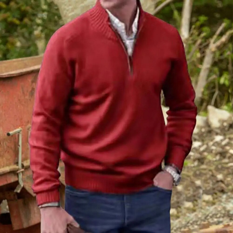 Κομψό πουλόβερ με ζιβάγκο, ανθεκτικό στο κρύο, ελαστικό ανδρικό, χειμερινό μονόχρωμο πλεκτό μπλουζάκι με ραβδώσεις