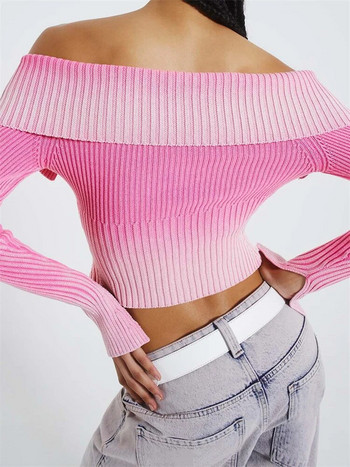 CHRONSTYLE Жилетка с градиентен принт на ревера с дълъг ръкав, укорочена горна част за жени, плетени рипсени пуловери с цип, джъмпери 2023 г.