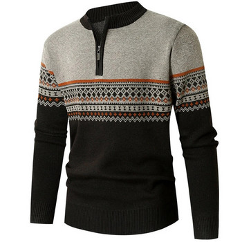 Мъжки пуловер с цип 1/4, яке с О-образно деколте, раирани топли поларени пуловери с дълъг ръкав, есен, зима, топло плетено горнище