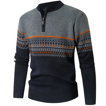 Мъжки пуловер с цип 1/4, яке с О-образно деколте, раирани топли поларени пуловери с дълъг ръкав, есен, зима, топло плетено горнище