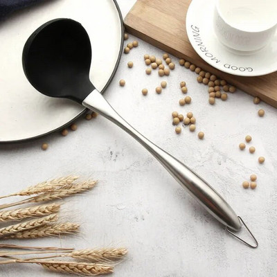 Crna silikonska lopata Lopatica Žlica za juhu s rezancima Ručka od nehrđajućeg čelika Posuđe za kuhanje Kuhinjski alati za kuhanje 1 KOM