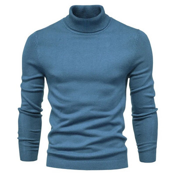 Нов зимен мъжки ежедневен пуловер с яка и яка, плетен едноцветен топъл дебел зимен базов пуловер с дълъг ръкав