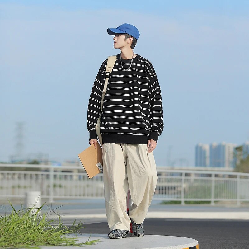 Megztinis Vyriškas megztinis Medvilniniai dryžuoti laisvi megztiniai Vyriški rudens žiemos mados megztiniai Vyriški Harajuku megztiniai Pagrindiniai džemperiai berniukui