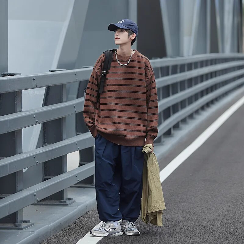 Megztinis Vyriškas megztinis Medvilniniai dryžuoti laisvi megztiniai Vyriški rudens žiemos mados megztiniai Vyriški Harajuku megztiniai Pagrindiniai džemperiai berniukui